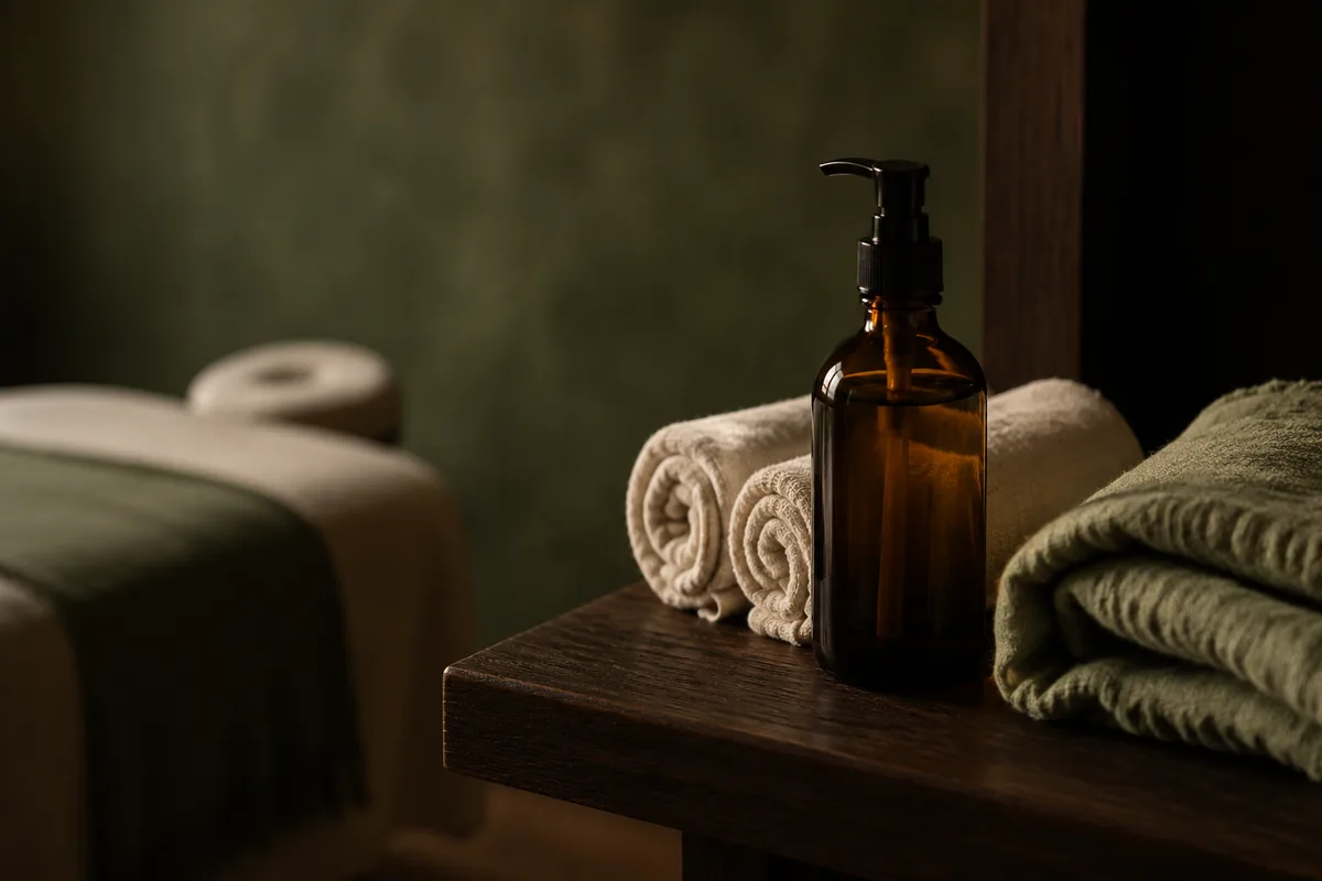 Massageolja i brun glasflaska och rullade handdukar på ett träbord i behandlingsrummet